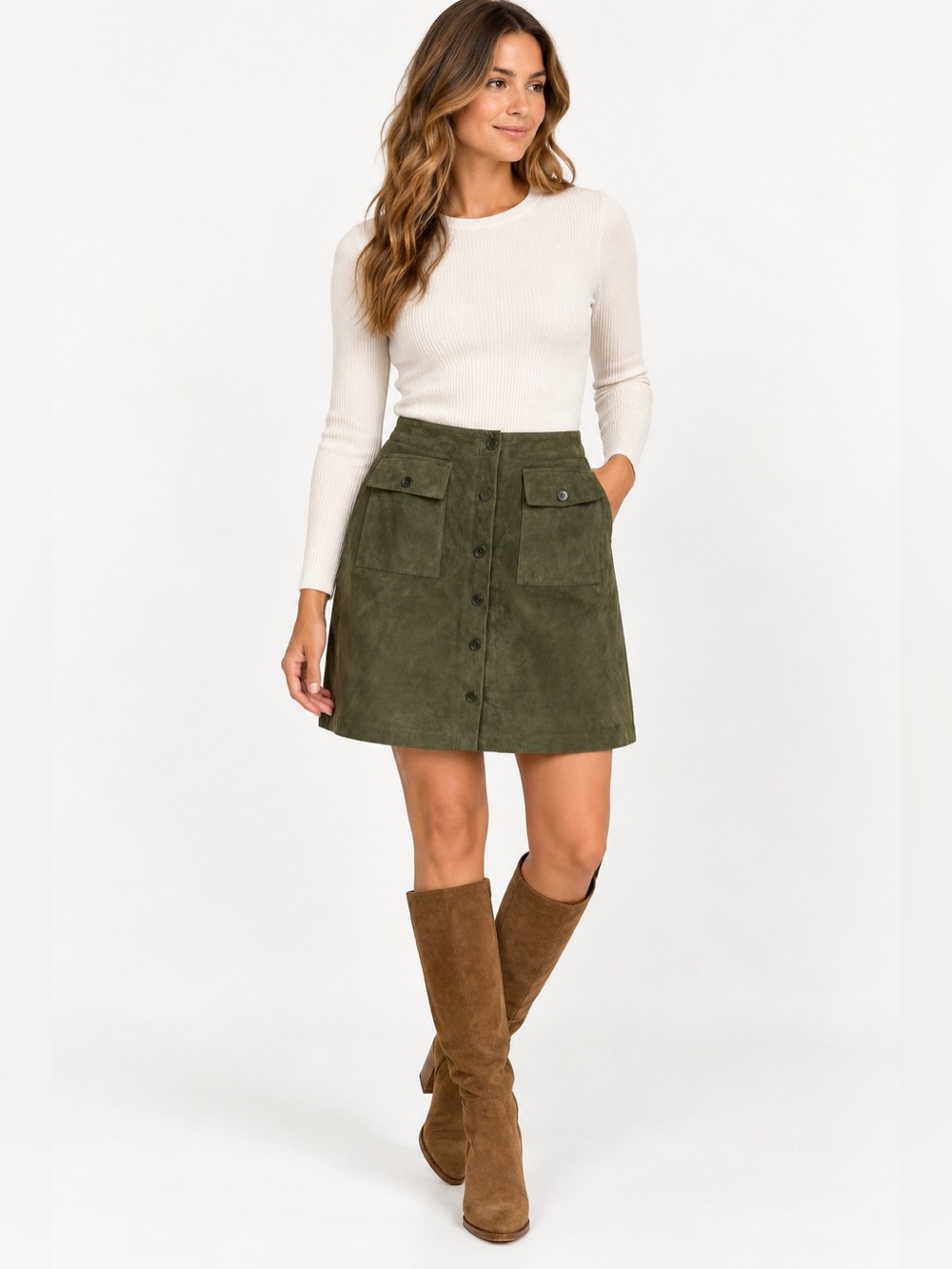 Jones New York Skirt Womens 12 Olive Green Soft Leather Button Front Utility